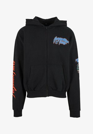 Sort zip-up hoodie lavet af bomuld. Har frontlommer og flerfarvede grafik på brystet og ærmerne. Klassisk pasform med ribbede cuffs.