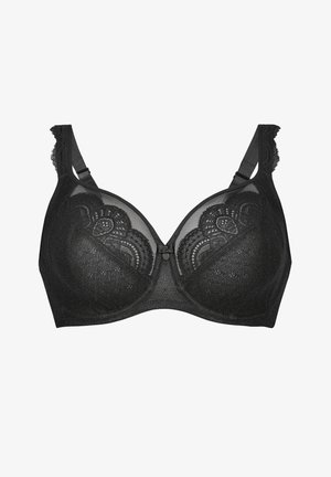 Zwarte bh met kant accenten, textuur stoffen, verstelbare schouderbanden en een decoratieve knop in het midden aan de voorkant. Standaard cup ontwerp.