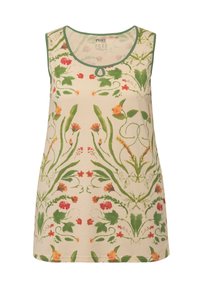 Top senza maniche florale realizzato in tessuto leggero, con uno sfondo beige e motivi botanici verdi e arancioni. Collo rotondo.
