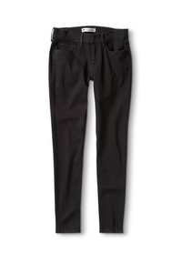 Jeans skinny negros con bolsillos delanteros y traseros, pasadores para cinturón y cierre de botón y cremallera, dispuestos sobre un fondo blanco.