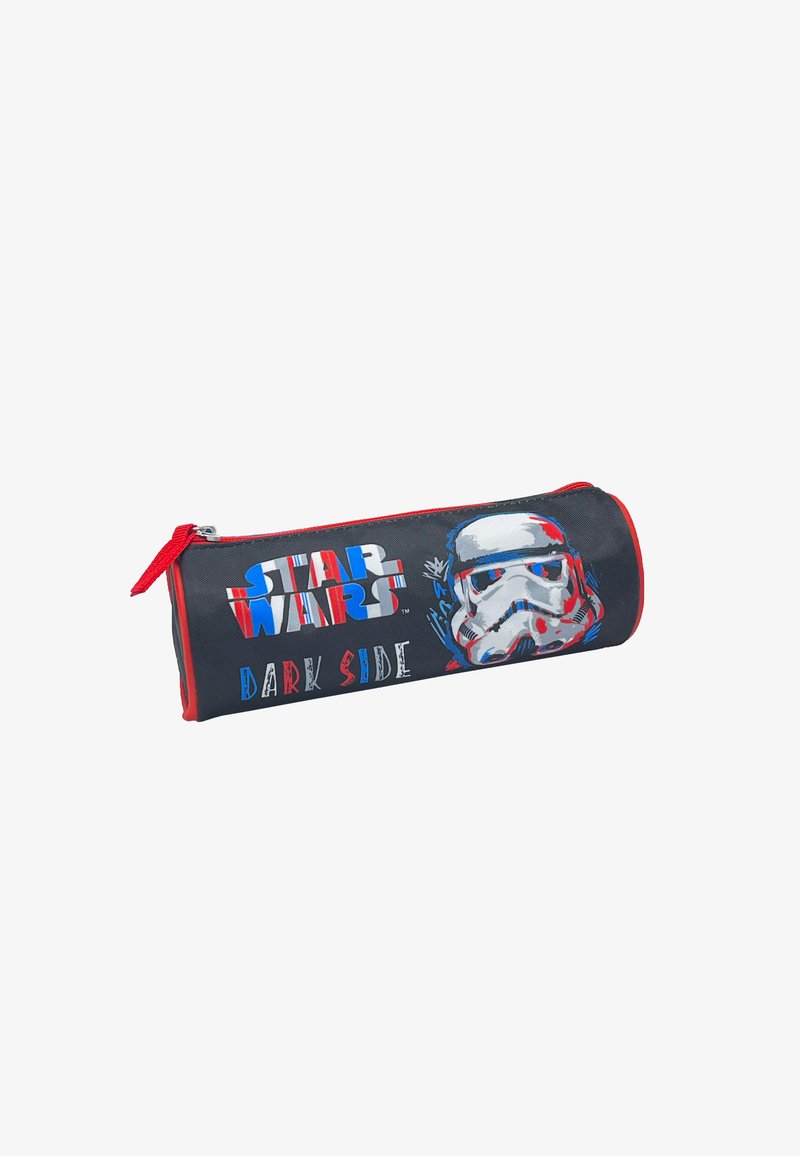 Star Wars-themed pencil case with a black body, red zipper, stormtrooper graphic, and "DARK SIDE" text in colorful, bold letters.