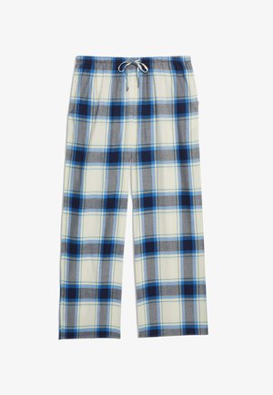 Kariertes Loungehosen-Design in Blau, Grau und Weiß, mit einem elastischen Bund und Kordelzug zur Anpassung.