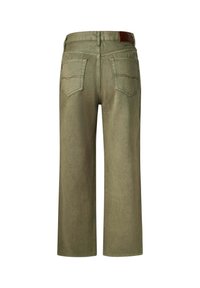 Pantalones de mezclilla cortos de color verde oliva con un corte recto, que cuentan con dos bolsillos traseros y una etiqueta de cuero marrón en la cintura. Tejido texturizado.