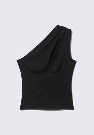Asymmetrical black top made of stretch fabric, featuring a draped one-shoulder design and gathered waist for a fitted appearance.