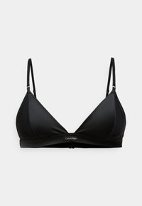Soutien-gorge triangulaire noir en tissu lisse, doté de fines bretelles réglables et d'une bande logo centrale, avec un design simple et minimaliste.