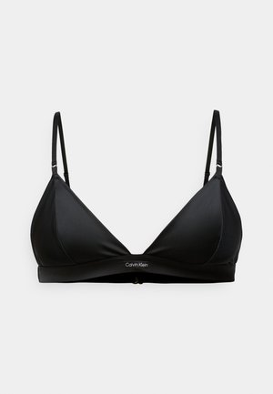 Svart, trekantet bh i glatt stoff, med tynne, justerbare stropper og et sentralt logobånd, i en enkel, minimalisk design.