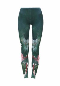 Leggings mit einem dunklen grünen Grundton und floralen Mustern, darunter pinke Blumen und grüne Blätter, gefertigt aus dehnbarem Stoff.