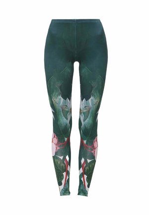 Leggings met een donkergroene basis en bloemmotieven, inclusief roze bloemen en groene bladeren, gemaakt van rekbare stof.