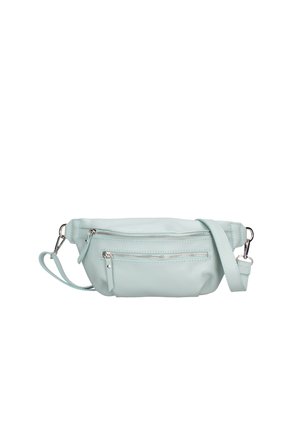 Hellblauer Leder-Bauchtasche mit zwei vorderen Reißverschlusstaschen und verstellbarem Riemen mit silberner Beschlag.