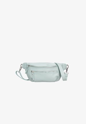 Marsupio in pelle azzurro chiaro con due tasche frontali con cerniera e tracolla regolabile con accessori in argento.