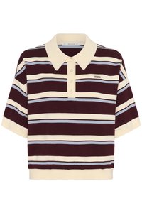Short-sleeve polo shirt in maroon and cream stripes with light blue accents, featuring a collared neck and button placket. Soft knit fabric.