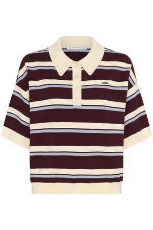 Short-sleeve polo shirt in maroon and cream stripes with light blue accents, featuring a collared neck and button placket. Soft knit fabric.