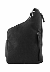 Borsa a spalla in tessuto nero con un design asimmetrico unico, dotata di chiusura con zip principale e tracolla regolabile. Include una tasca laterale con zip.