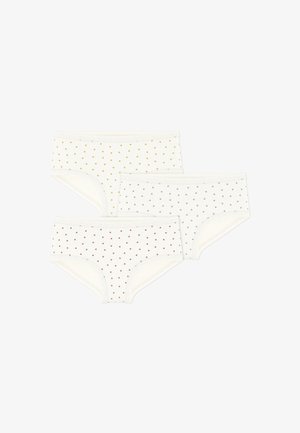 Trzy pary krótkiej bielizny w kolorze kremowym, z małymi wzorami serc w kolorach żółtym, czerwonym i szarym. Miękki materiał z elastycznymi pasami w talii.