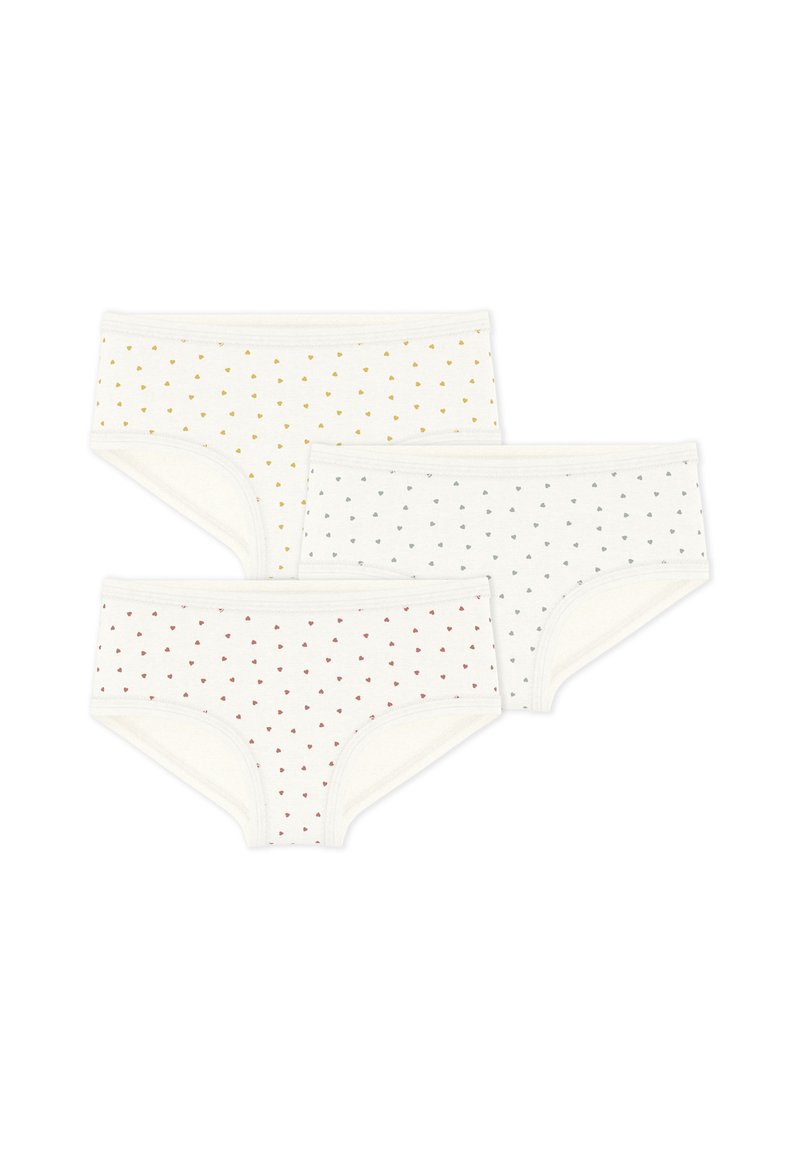 Τρία ζευγάρια ανδρικά εσώρουχα σε κρεμ χρώμα, με μικρά μοτίβα καρδιών σε κίτρινο, κόκκινο και γκρι. Μαλακό ύφασμα με ελαστικές μέσης.