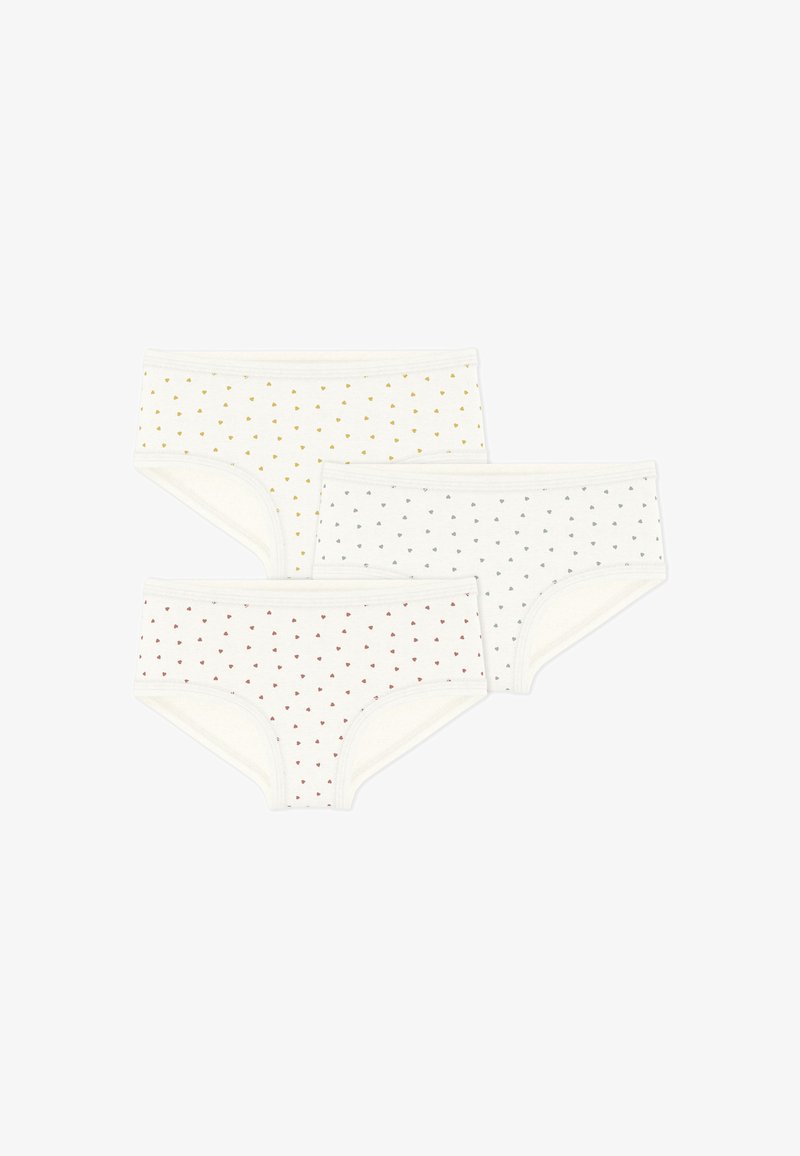 Trois culottes courtes couleur crème, ornées de petits motifs de cœurs en jaune, rouge et gris. Tissu doux avec ceintures élastiques.