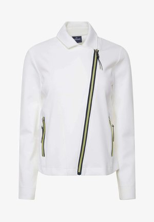 Witte jas met een diagonale ritssluiting, voorzien van contrasterende marineblauwe en gele ritsaccenten en twee zijzakken met rits. Soepele textuur.