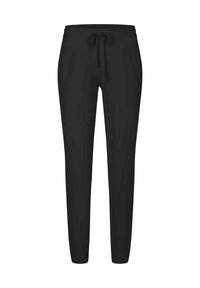 Pantaloni da jogger neri, leggeri, con vita elastica, coulisse e due tasche laterali. Tessuto liscio e design a gamba affusolata.