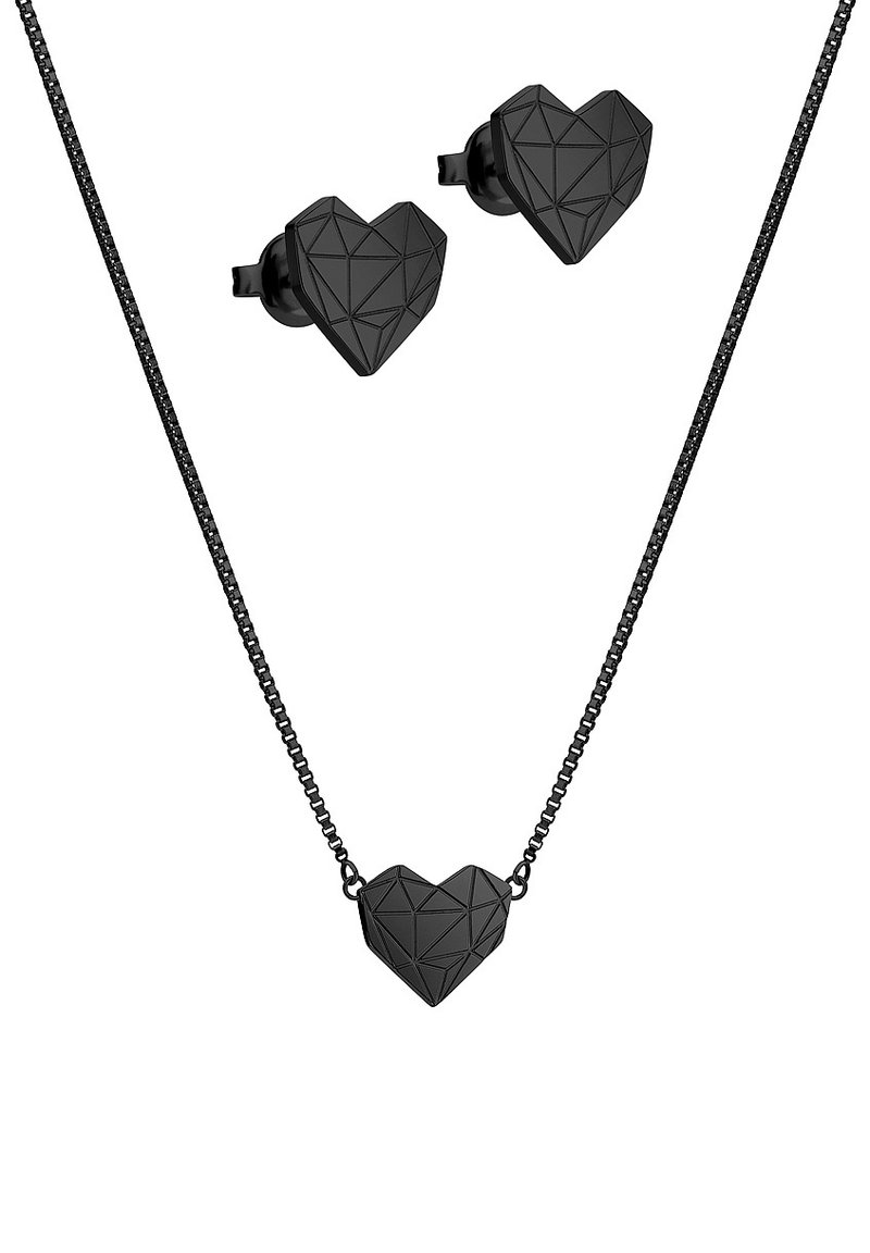 Schwarzes geometrisches Herz-Halskettchen und Ohrringe mit einem facettierten, dreieckigen Design an einer feinen Kette. Material: Metall, matte Oberfläche.