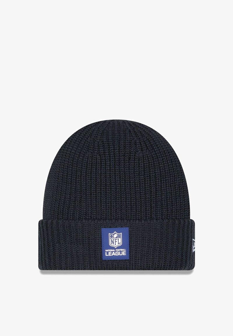 Knitted beanie in dark navy, featuring a folded ribbed cuff. Displays a blue rectangular patch with "NFL" and "National Football League" text.