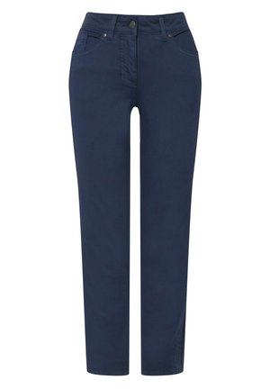 Pantaloni blu navy, design a gamba dritta, realizzati in tessuto misto cotone. Presentano tasche anteriori e chiusura con bottone. Texture liscia, senza motivi.