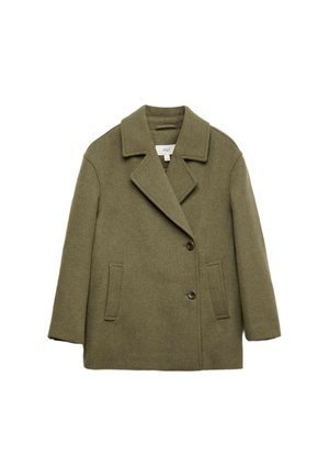 Abrigo de lana verde oliva con cuello con muesca, cierre de botones de doble pecho y dos bolsillos laterales. Presenta una silueta cuadrada y líneas limpias.
