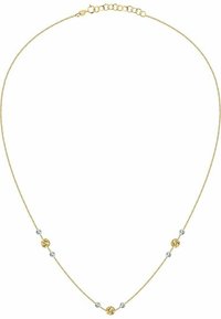Goldfarbener Kettenanhänger mit sphärischen Perlen, die ein strukturiertes goldfarbenes Muster und glatte silberne Akzente aufweisen. Abgeschlossen mit einem sicheren Verschluss und einer Verlängerung.