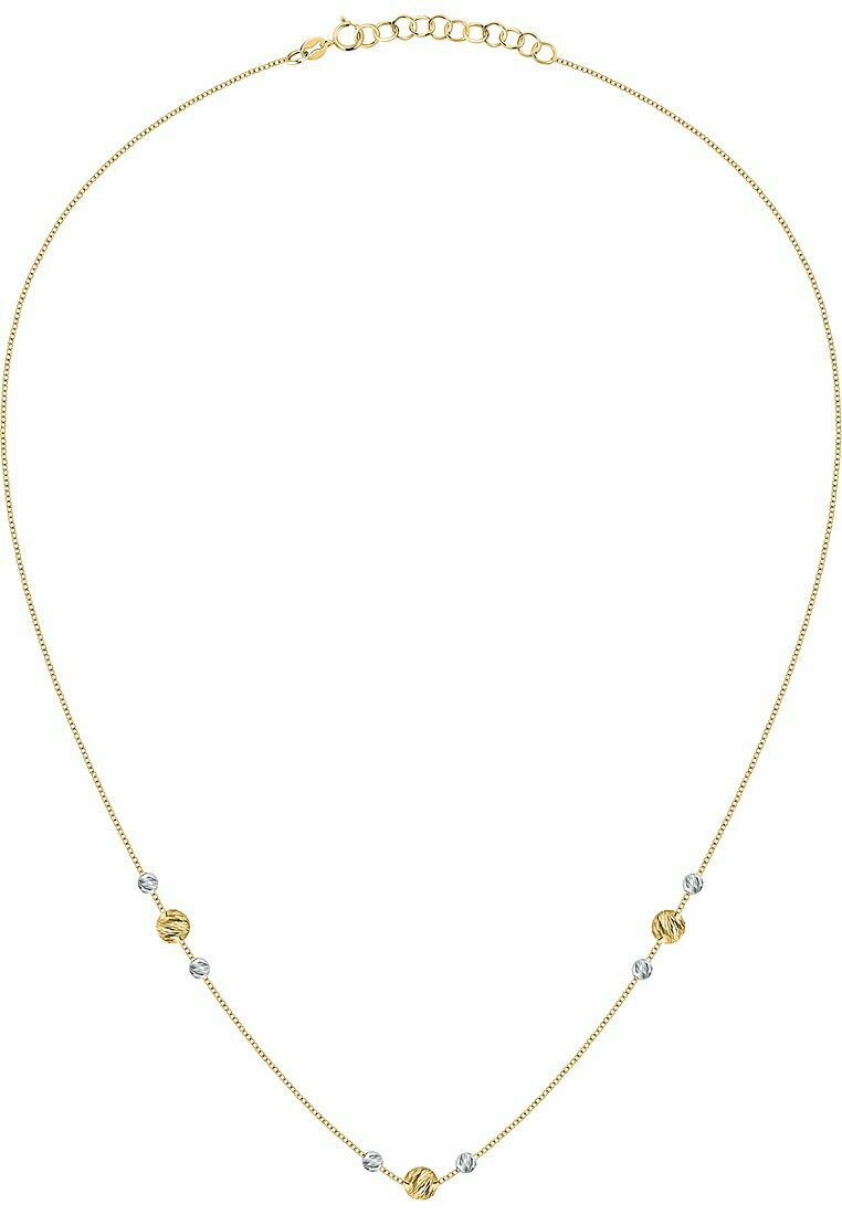 Goldfarbener Kettenanhänger mit sphärischen Perlen, die ein strukturiertes goldfarbenes Muster und glatte silberne Akzente aufweisen. Abgeschlossen mit einem sicheren Verschluss und einer Verlängerung.