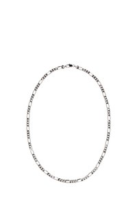 Hopeaketju, jossa on pitkänomaisia ja toisiinsa kytkeytyviä renkaita, jotka ovat kiiltäväpintaisia, ja pieni lukitus.