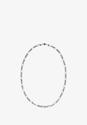 Sølv kædedesign med forlængede og sammenflettede led med en poleret overflade og en lille lås.