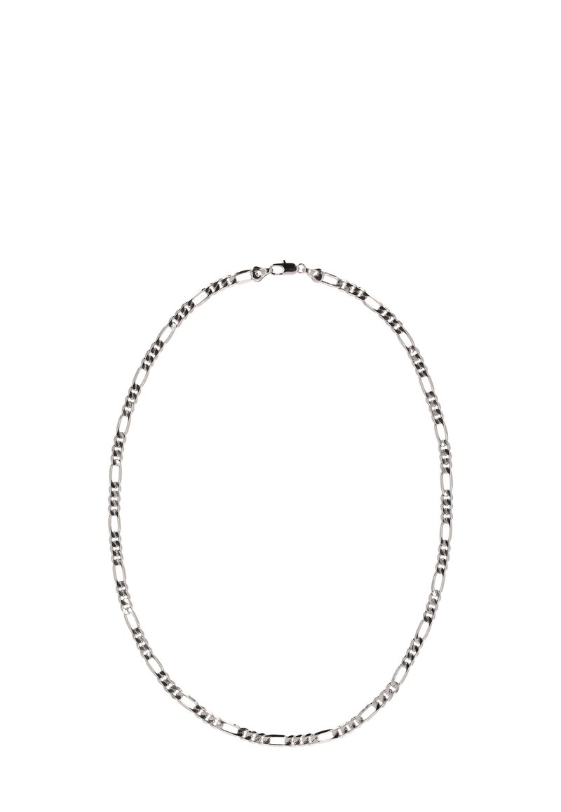 Hopeaketju, jossa on pitkänomaisia ja toisiinsa kytkeytyviä renkaita, jotka ovat kiiltäväpintaisia, ja pieni lukitus.