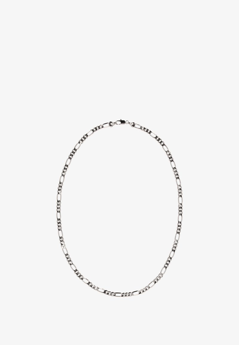 Hopeaketju, jossa on pitkänomaisia ja toisiinsa kytkeytyviä renkaita, jotka ovat kiiltäväpintaisia, ja pieni lukitus.