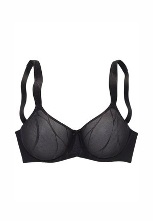 Crni grudnjak s podstavljenim čašama, prozirnim mrežastim slojem i dekorativnim uzorkom. Podesive naramenice i mali detalj u obliku mašnice na središnjem dijelu.