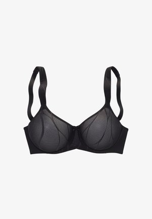 Crni grudnjak s podstavljenim čašama, prozirnim mrežastim slojem i dekorativnim uzorkom. Podesive naramenice i mali detalj u obliku mašnice na središnjem dijelu.