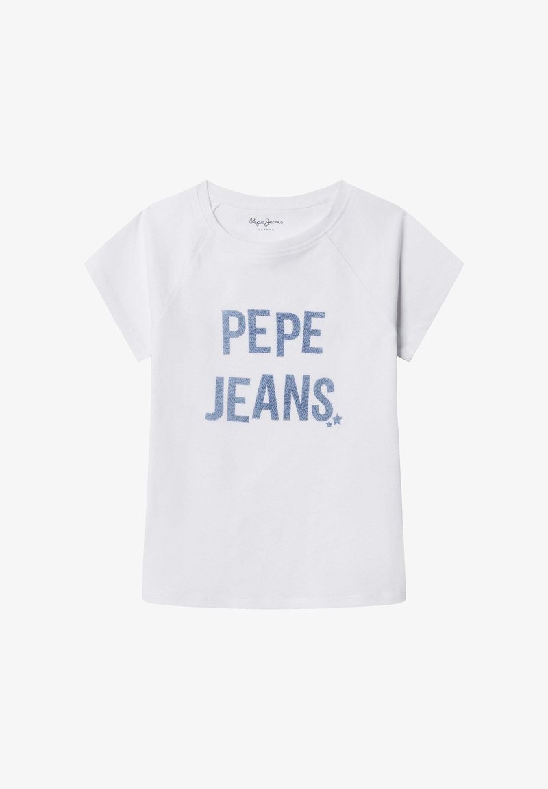 T-shirt blanc à manches courtes avec col rond et texte bleu "PEPE JEANS" imprimé sur le devant avec deux petites étoiles sous le texte.