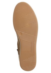Sohle eines Schuhs mit einem Zickzackmuster, aus Gummi, in hellbrauner Farbe mit strukturiertem Finish und rechteckiger Prägung.