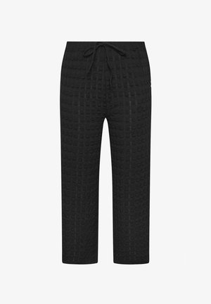 Czarne spodnie o szerokich nogawkach z fakturą, z elastycznym pasem i wiązaniem z przodu, prezentowane na białym tle.