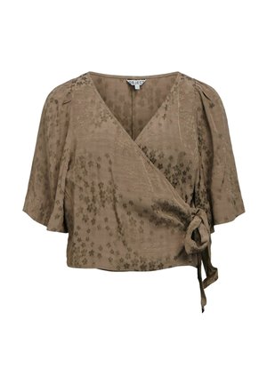 Blouse cache-cœur fleurie marron avec manches bouffantes aux coudes et fermeture latérale à nouer.