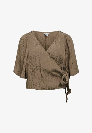 Hnědá květinová zavinovací halenka s nafukovacími rukávy do lokte a zavazováním na boku.