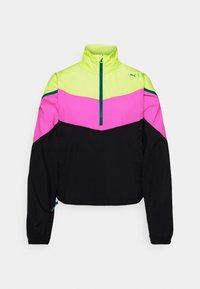 Color-blocked jacket featuring neon green, pink, and black panels. High collar with a half-zip, elasticated cuffs, and lightweight fabric.