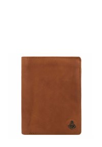 Portafoglio in pelle marrone con finitura texture, bordi cuciti e un piccolo logo ancorato nell'angolo in basso a destra. Design bifold classico.