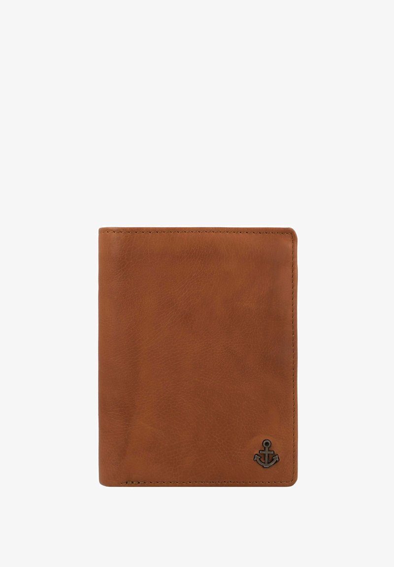 Braunes Lederportemonnaie mit strukturiertem Finish, genähten Kanten und einem kleinen Ankerlogo in der unteren rechten Ecke. Klassisches Bifold-Design.