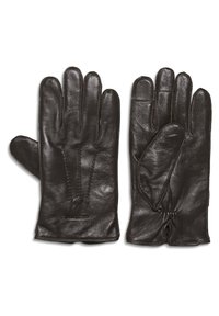 Gants en cuir noir au design classique. Les caractéristiques incluent des détails cousus, une texture lisse et un poignet ajusté avec élastique.