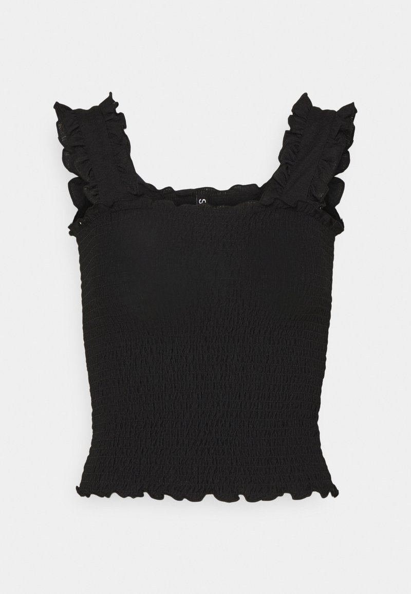 Haut noir sans manches froncé avec bretelles et ourlet volantés, conçu pour femmes, sur fond blanc uni.