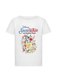 Hvid bomulds t-shirt med farverige tegneserie-illustrationer af Snehvide med de syv dværge, omgivet af blomster og teksten "Disney Snehvide og de syv dværge."