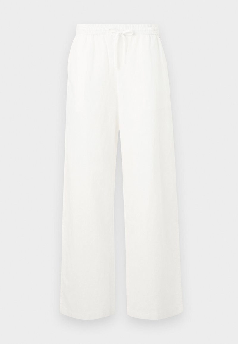 Witte linnen wijdvallende broek met een elastische tailleband en trekkoord. Vriendelijke textuur, lange ontwerp tot de vloer, en geen aanvullende patronen of accenten.