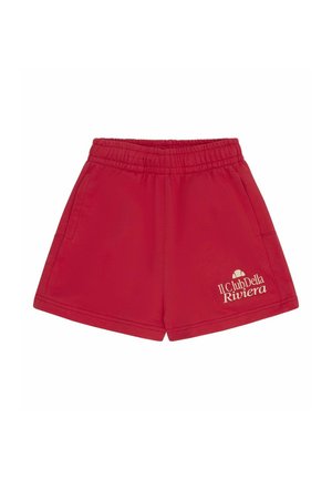 Rode elastische taille shorts met zijzakken en witte tekst en logo "Il Club Della Riviera" op het linkeronderbeen.