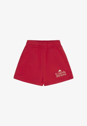 Rode elastische taille shorts met zijzakken en witte tekst en logo "Il Club Della Riviera" op het linkeronderbeen.