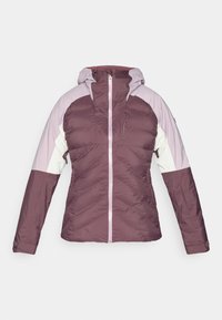 Podložena jakna z barvnim vzorcem v bordo, sivordeči in beli barvi. Vključuje kapuco, sprednji zadrgo in diagonalne šive kot detajl.