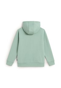 Felpa leggera verde chiaro con cappuccio, maniche lunghe, polsini e orlo a coste, mostrata da dietro su sfondo bianco.